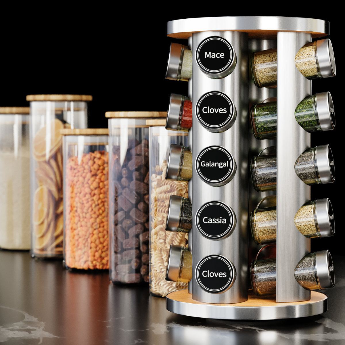 Revolving Spice Rack with 20 Jars and 386 Labels, Countertop and Cabinet Spice Tower Organizer